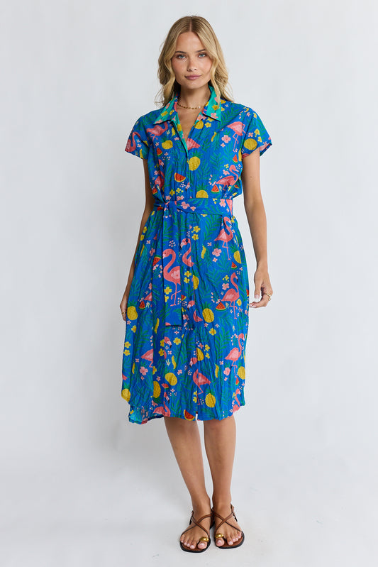 LulaLife Flamingo Shirtdress Azure