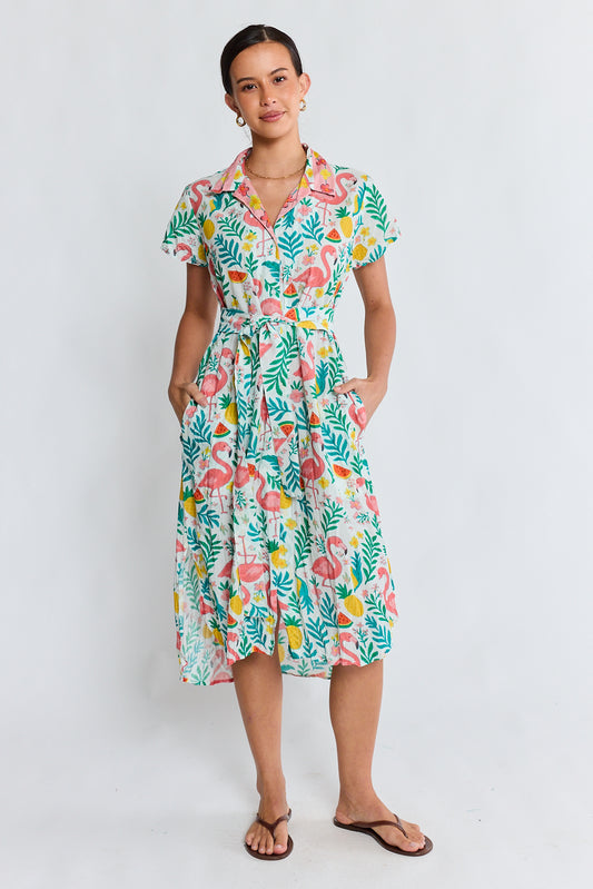 LulaLife Flamingo Shirtdress White