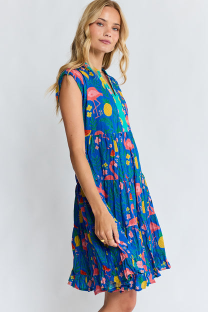 LulaLife Flamingo Tier Dress Azure