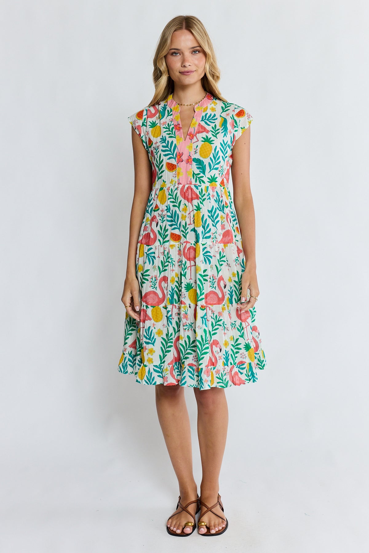LulaLife Flamingo Tier Dress White